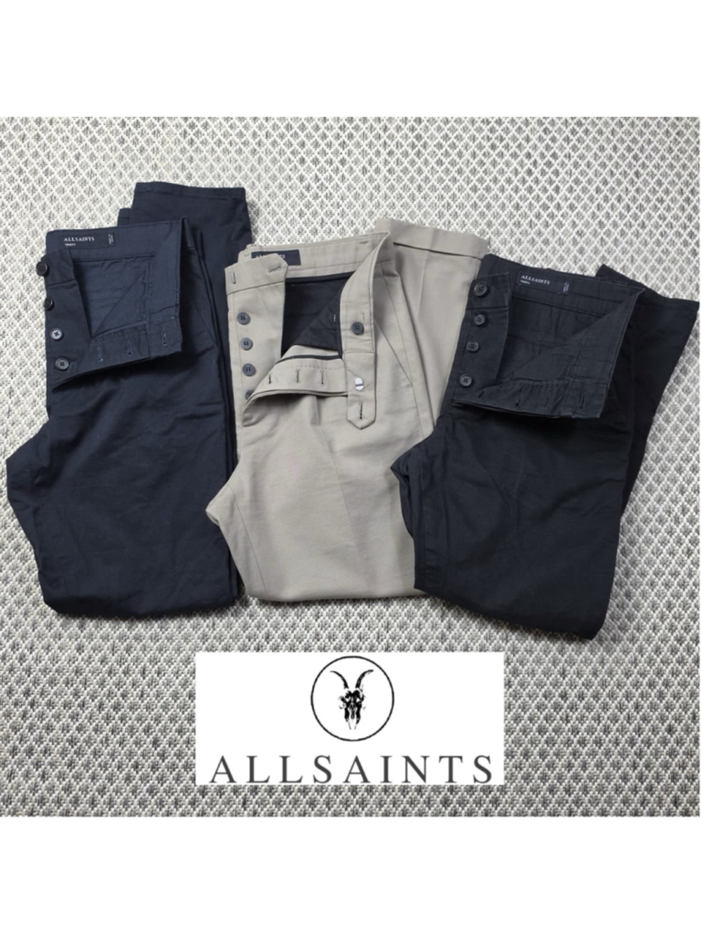 AllSaints Mens Pants Lot 3 Black Navy Khaki Button Fly Slim Fit Trousers Size 30
